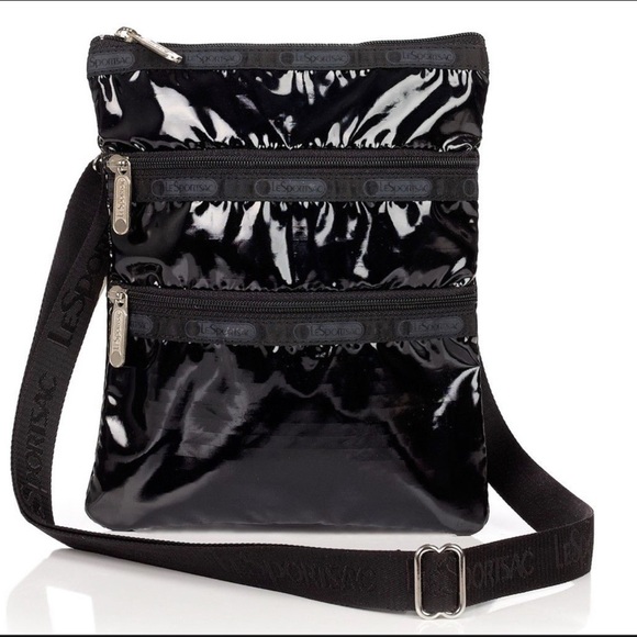 Lesportsac Handbags - LESPORTSAC ‘Kasey’ Crossbody Bag Shiny Zippers Black Patent Look